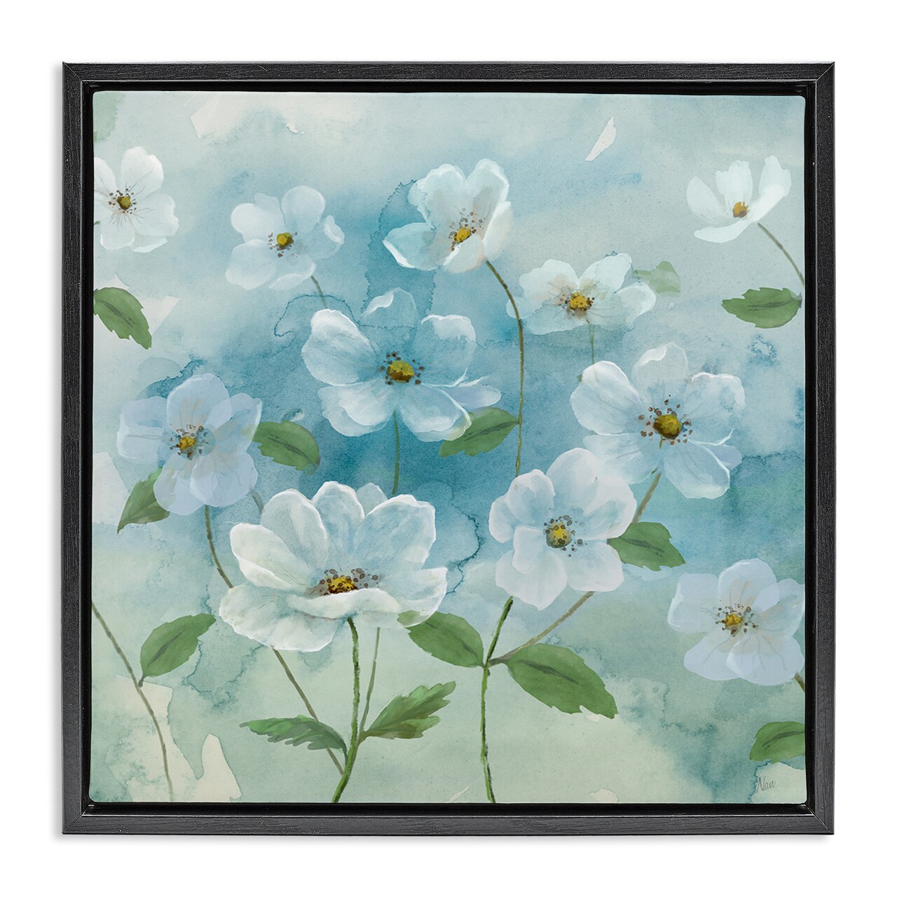 Stupell Industries Lovely Flowers on Blue Framed Floater Canvas Wall Art Design by Nan